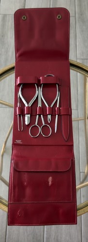 HERMES VINTAGE MANICURE TRAVEL SET-RED LEATHER CASE-USED