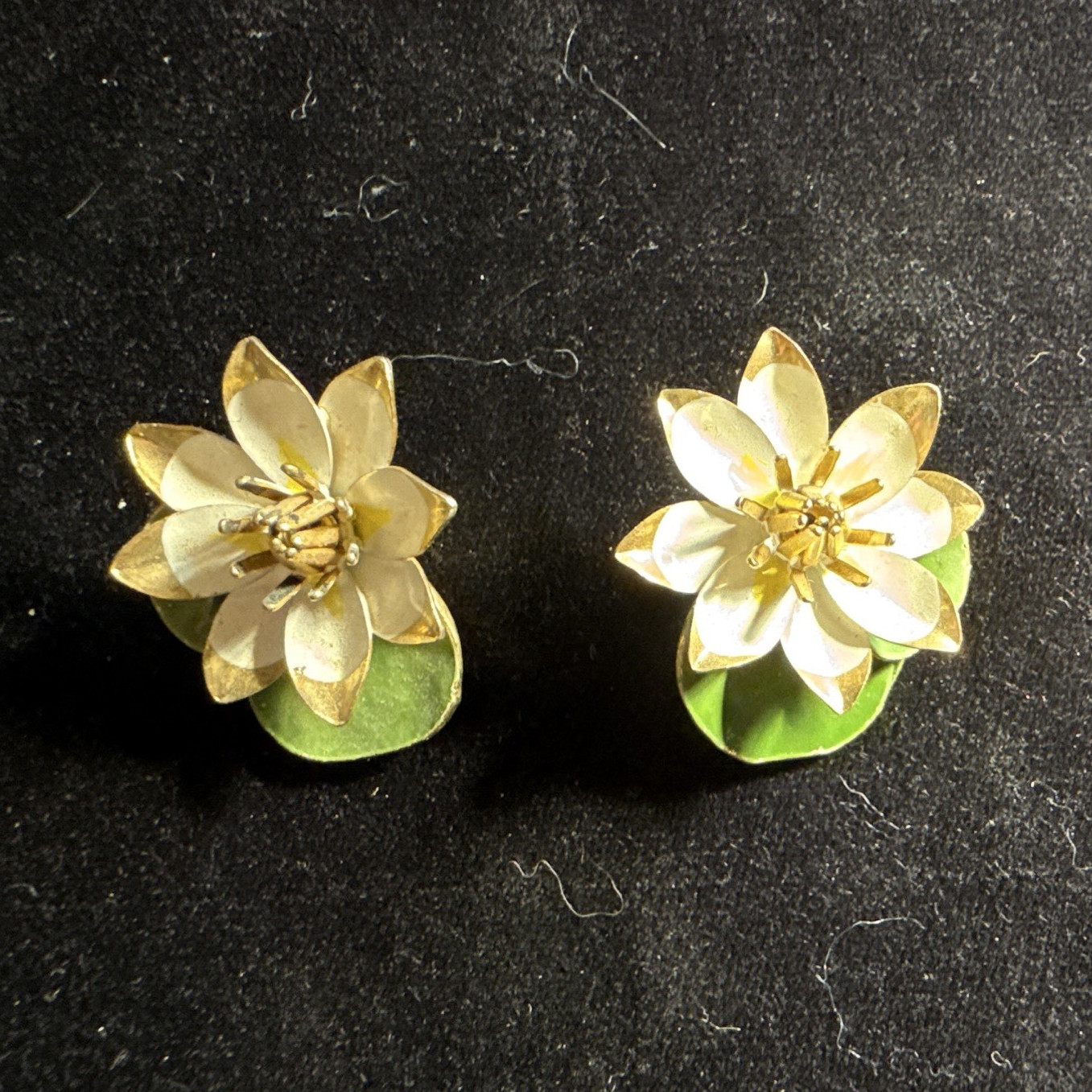 Gold Tone Lilly Pad Clip-On Stud Earrings, Green Leaf Accent, Metal Lobe Pair