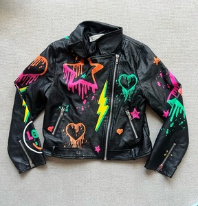 Hannah Banana Girls’ Neon Graffiti Faux-Leather Biker Jacket Size 8 No Belt