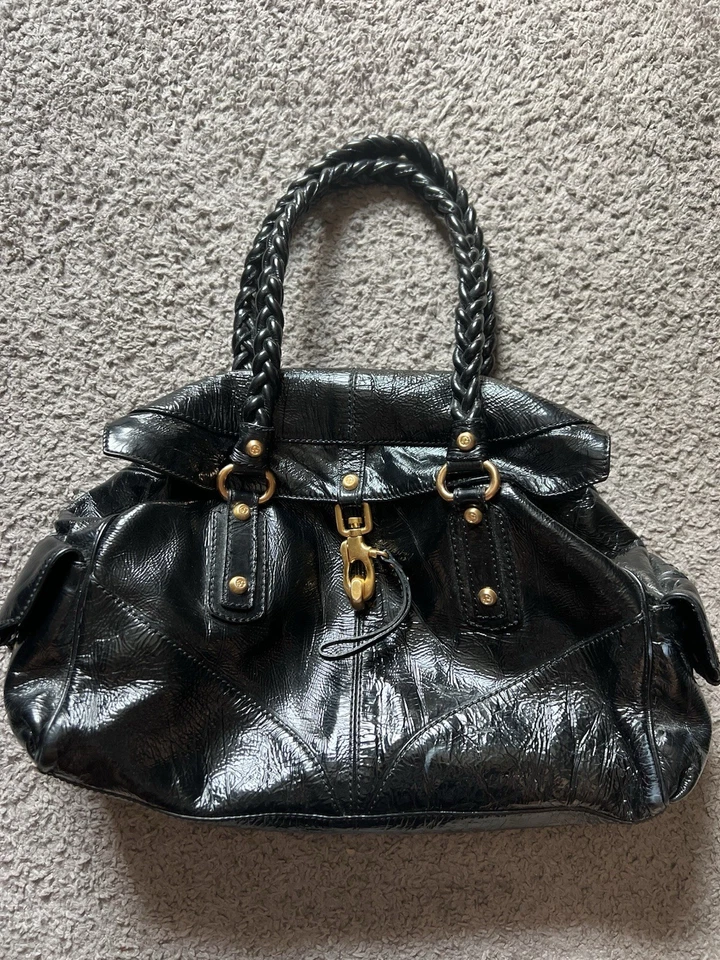 Francesco Biasia Secret Love Satchel Handbag Black Large Gold Hardware Leather - Image 2 of 4