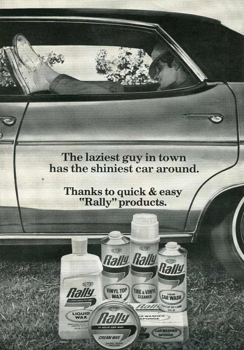 1970 Print Ad of DuPont Rally Car Wash Tire Cleaner Vinyl Wax Laziest Guy
