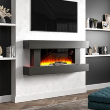 Image of Wall Mounted Electric Fire Glass LED Fireplace Black Suite Heater 7 Flames WiFi