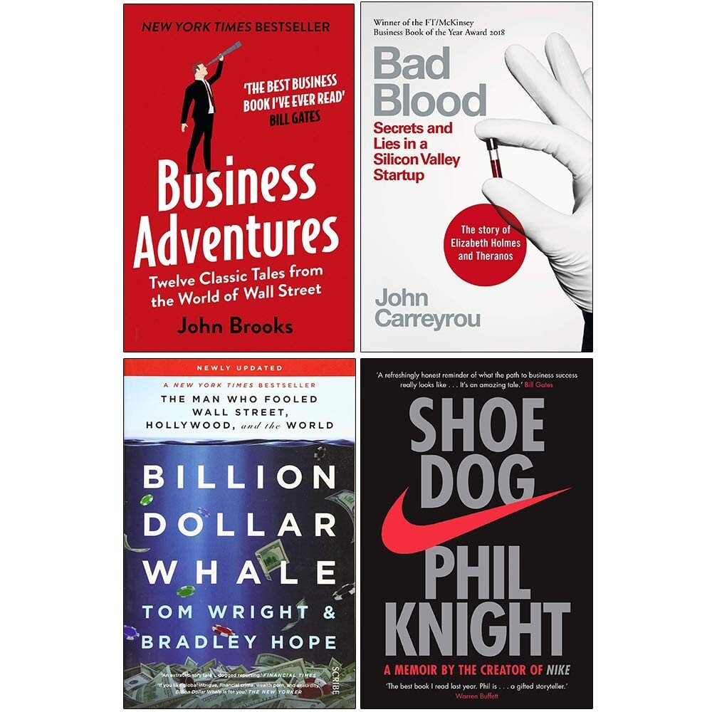 Bad Blood, Billion Dollar Whale, Shoe Dog, Business Adventures 4 Books Set