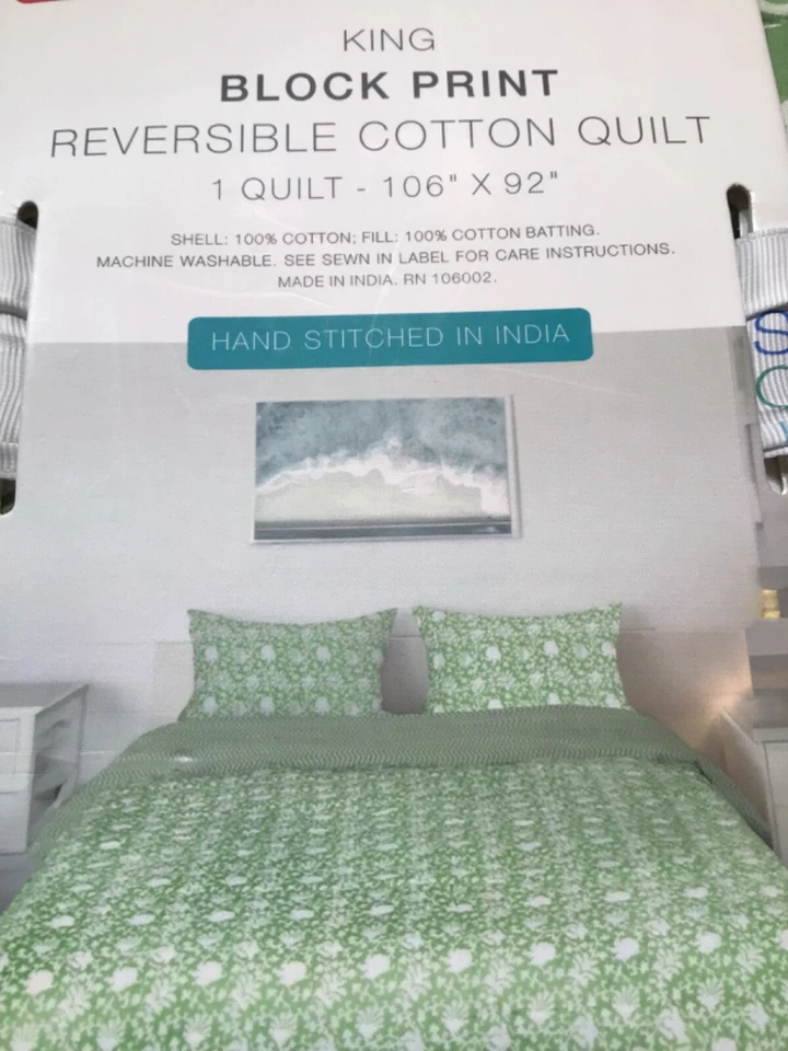 SIGRID OLSEN Quilt & Shams 3 PC King REVERSIBLE Floral Green white Block Print - Image 2 of 4