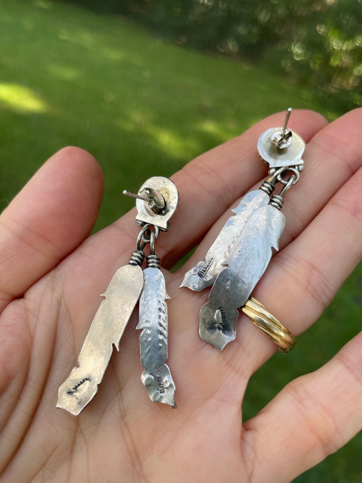 Malachite Post Earrings Signed Feather Moses Jack… - image 10