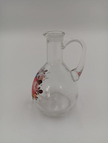 Clear Glass Small Kitchen Serving Cruet W/ Handle Painted Flowers VTG Rattenburg - Picture 3 of 6