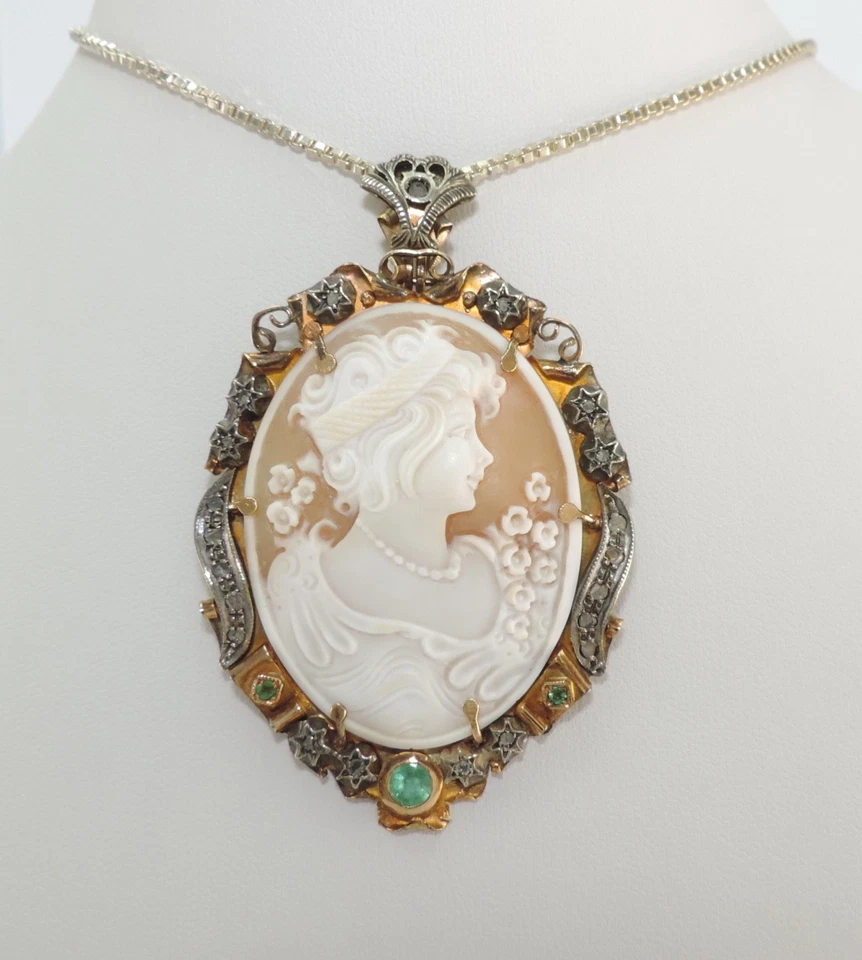 Antike Geme Brosche Kamme Angefertigt 18k Rose Gold Smaragd Diamanten ohne Kette - Bild 2 von 4