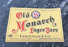IRTP OLD MONARCH LAGER BEER 12 OZ BOTTLE LABEL GOENNER BREWING CO JOHNSTOWN PA