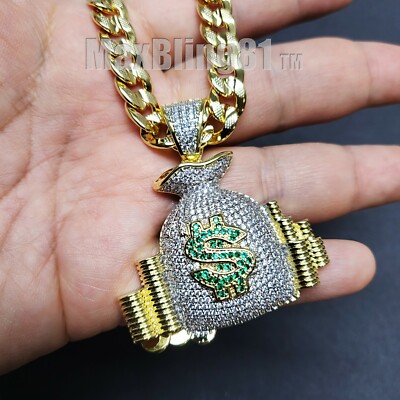 Hip Hop Icy $ Money Bag Pendant & 14K Stamped 20