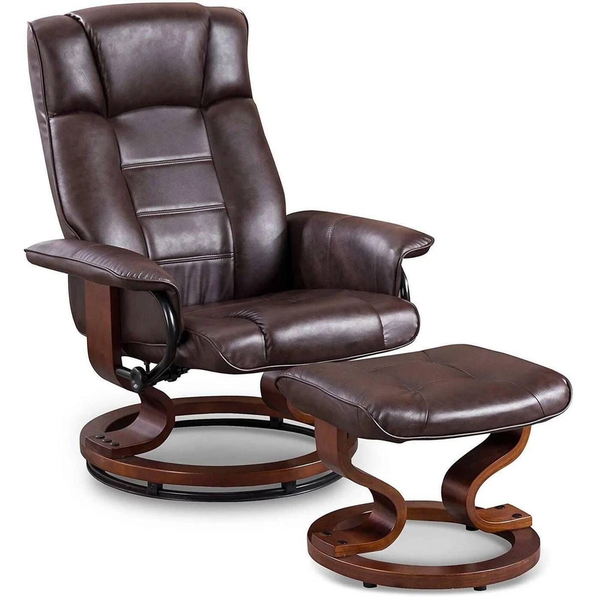 Mcombo Swiveling Recliner Chair With Wood Base And Ottoman