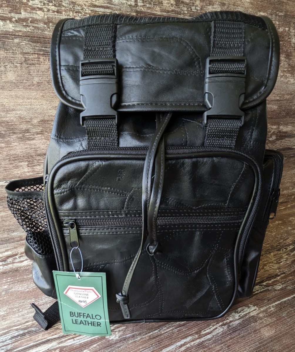 New Diamond Plate Black Buffalo Leather Backpack Motorcycle Adjustable Biker