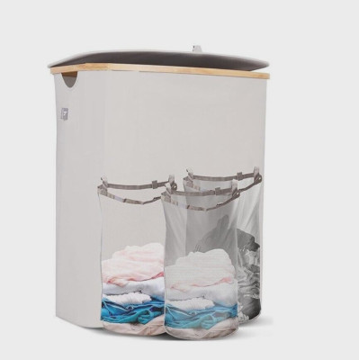 Hennez Adrian triple 150Liter mit Deckel Wäschesammler Bambus 3x Fächern Beige