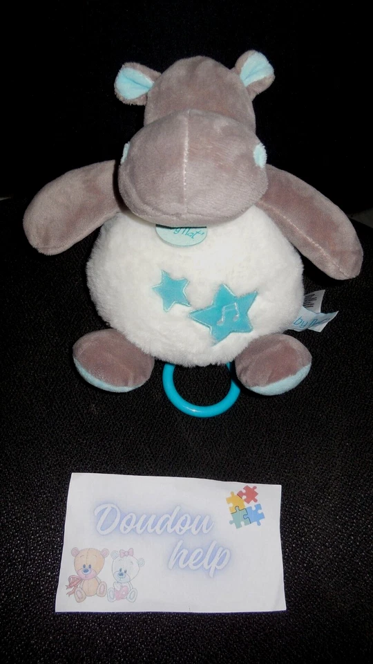 doudou peluche musical hippopotame Bazile blanc étoile bleu BABY NAT' (2x) - Photo 1/1
