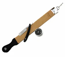 Barber Genuine Leather Strop With Sharpening Paste & Straight Cut Throat Razor