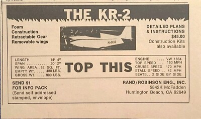 KR-2 Airplane Plans Kits Huntington Beach CA Rand Robinson Vintage Print Ad 1976