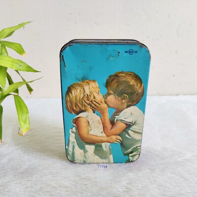 1950s Vintage Kinder Lip Küssende Grafiken Nutrine Süßwaren Selten Dose Box T178