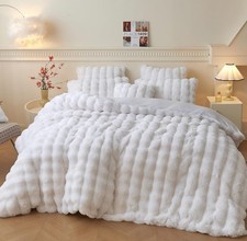 Luxury Fluffy White Queen Duvet Cover Set with Pillowcases - Soft Faux Fur