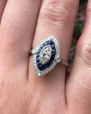 Bague Art Déco Saphir Marquise Double Halo Finition Or Blanc 14K Argent 925