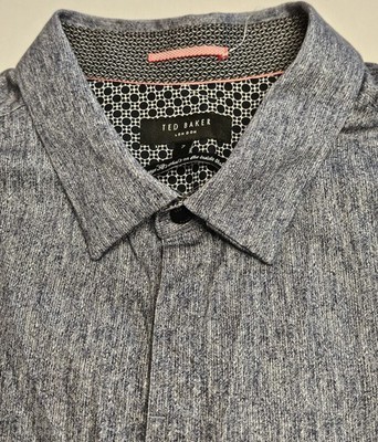 Mens Ted Baker London Long Sleeve Heather Navy Button Up Shirt Size 7/XL
