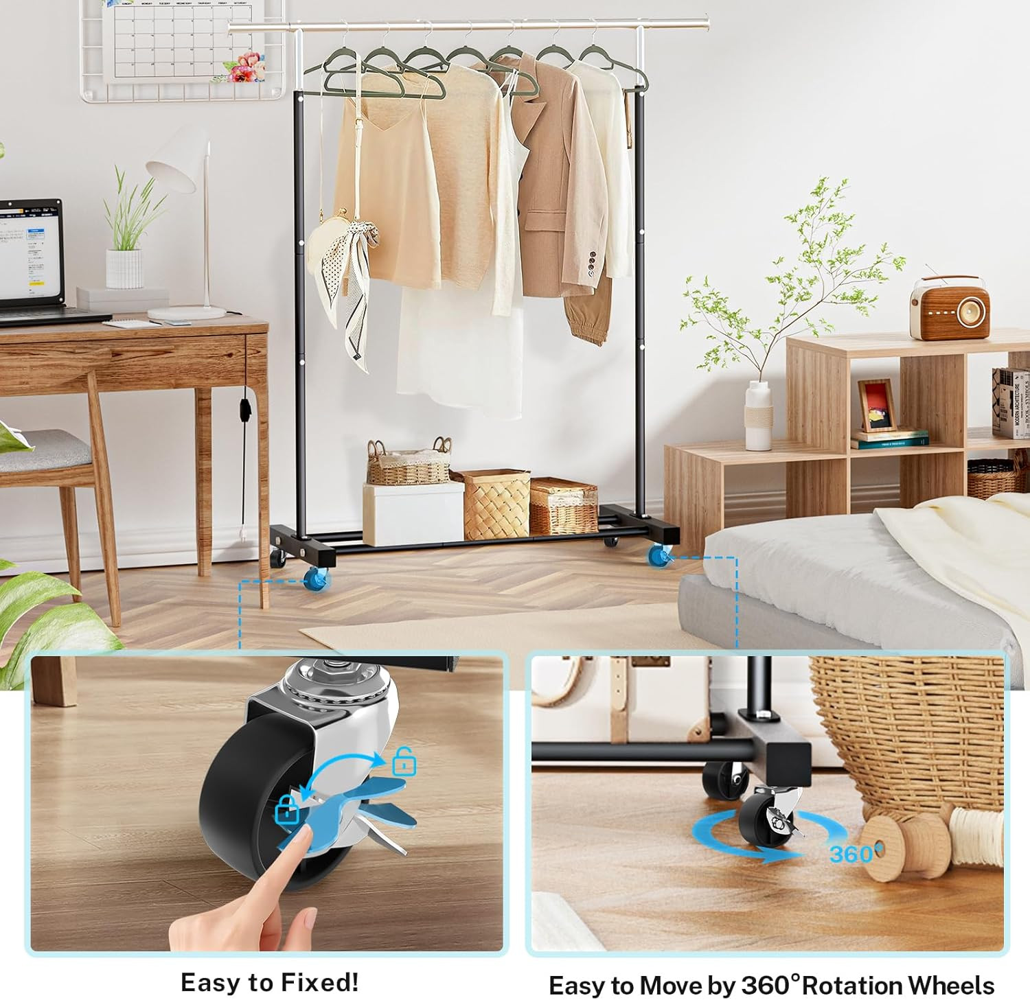 Clothing Rack, 55.51 Inch Heavy Duty Clothes Rack Rolling Garment Rack with Whee