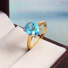 Natural Blue Topaz Gemstone With 18K Gold Plated Silver Women's Ring 55