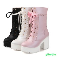 Women Lace Up High Block Heel Platform Mid Calf Ankle Boots Knight Leather Shoes