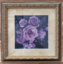 DIAMOND Art Floral Painting Purple Rose Flowers Completed w/ Gold Frame  Matte
