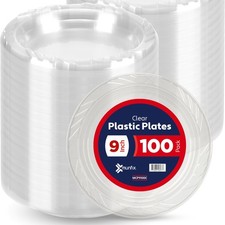 Munfix 100 Clear Plastic Plates Set - 9 Inch Disposable Dinner Plates Bulk Pa...