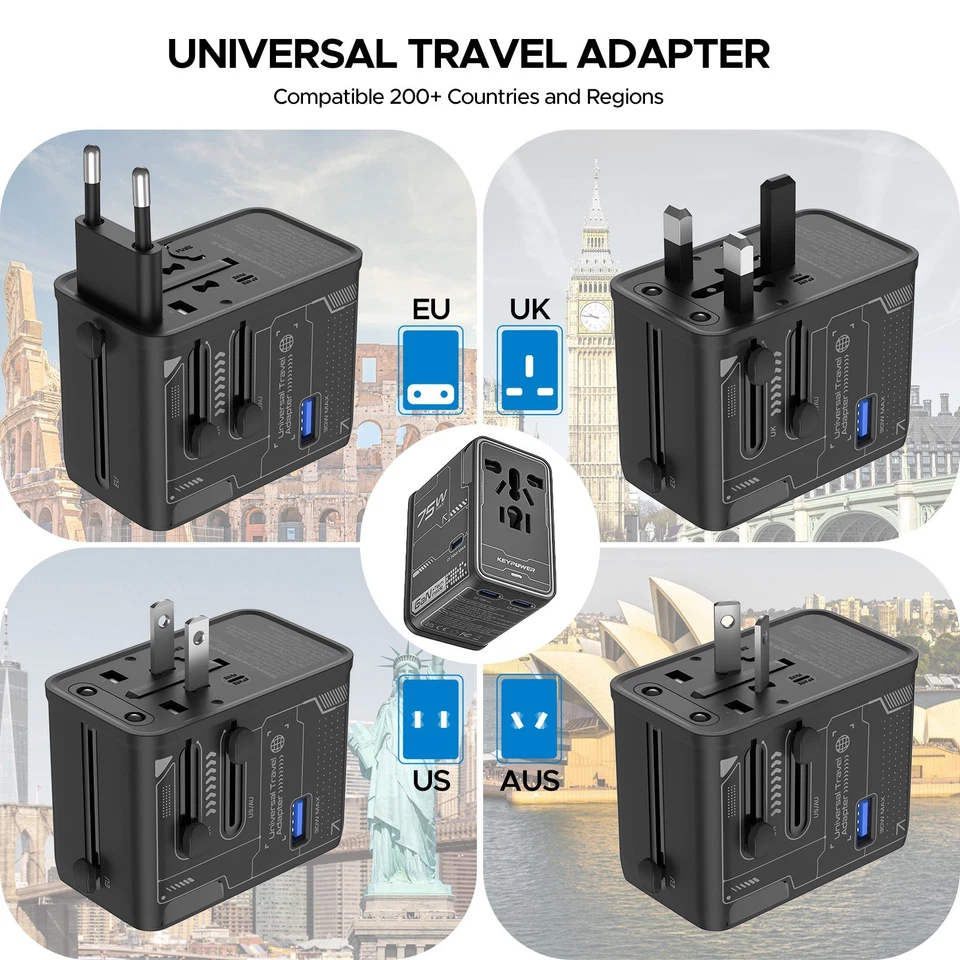 EU/UK/AU/US 75W Travel Plug Adapter/Converter USB for Universal plug - Image 2 of 4