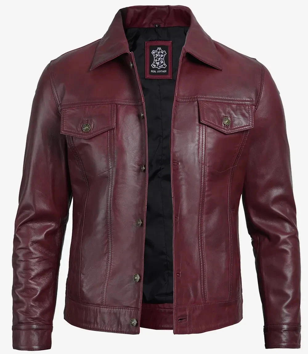 Men's Customized Moto Biker Real Lambskin Maroon Burgundy Trucker Leather Jacket