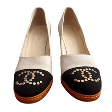 CHANEL Beige & Navy Canvas CC Studded Cap Toe Wedge Pumps, Size 38.5