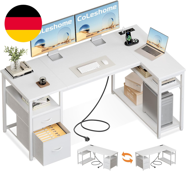 Coleshome Gaming Eckschreibtisch Mit 2 Schubladen, 140×80 Cm, Weiß | L-FöRmiger-image