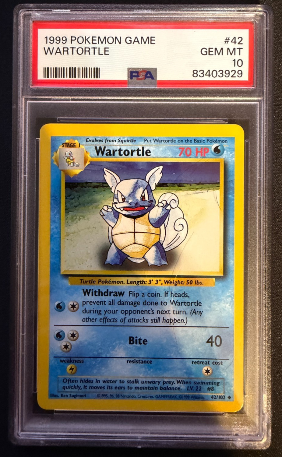 1999 Pokemon Game Base Set 42 Wartortle Card, PSA 10 Gem Mint