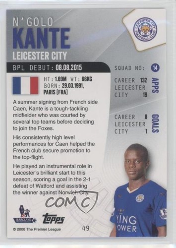 2015-16 Topps Premier Club N'Golo Kante #49 Rookie RC - Picture 2 of 4