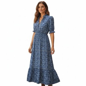 Max Studio Peasant Maxi Dress Small Blue Floral Cottagecore Tiered Retro 70s