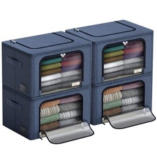 4 Pack Stackable Fabric Storage Bins Organizer Bags Window Handles Blue