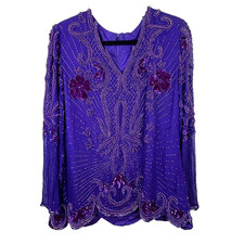 Sequins Originals Vintage Hand Beaded Sparkle 100 Silk Purple 80's Long Slv Top