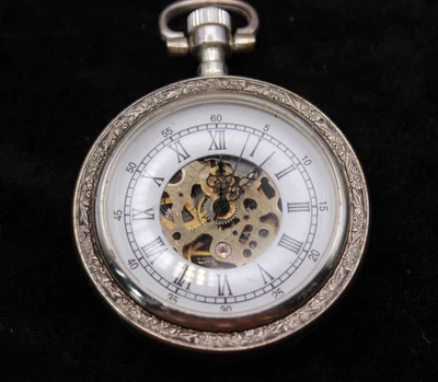 Vintage Herren Taschenuhr Mechanisch Skelettuhr mit der Lederrückseite - Bild 1 von 4