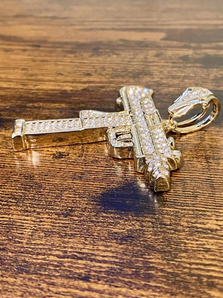 Lujoso Colgante Pistola UZI Grande Tono Oro 14k Circonita Helada HipHop Bling Joyería Foto 4 de 4