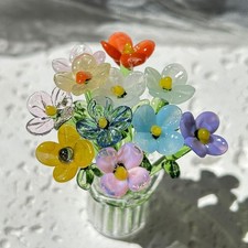 14Pcs Mini Glass Flowers Bouquet Colorful Hand Blown Glass Flower with Vase Arti
