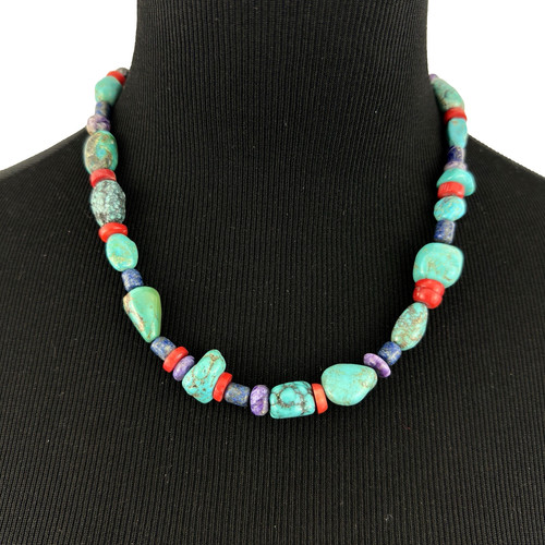 SOUTHWESTERN multicolor bead necklace - sterling silver turquoise coral amethyst
