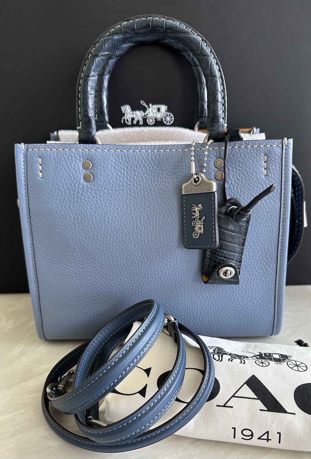 NWT COACH MTO CORNFLOWER BLUE COLORBLOCK LEATHER CROCODILE ROGUE 59995 image 2