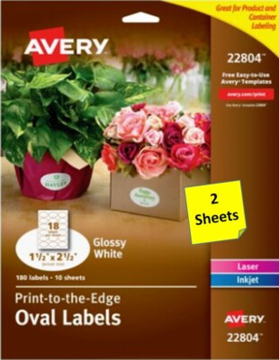 [2 Sheets] Avery 22804 Glossy White Oval Labels Laser/Inkjet 1.5 x 2.5