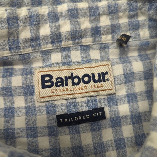 Barbour Shirt Mens L Tailored Fit Blue Gingham Plaid Logo Pocket Button Down - Picture 5 of 13