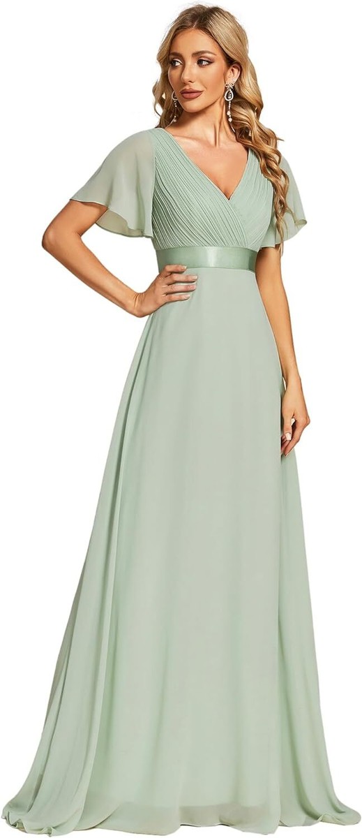 V-Neck Short Flutter Sleeves Empire Waist Elegant Chiffon Long Evening  Dresses | eBay