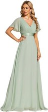 V-Neck Short Flutter Sleeves Mother of the Bride Chiffon Long Evening Dresses