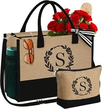 Gifts for Women - Initial Jute Tote Bag  Makeup Adjustable Strap...