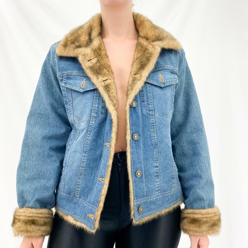Y2k Blue Denim Jacket With Brown Faux 