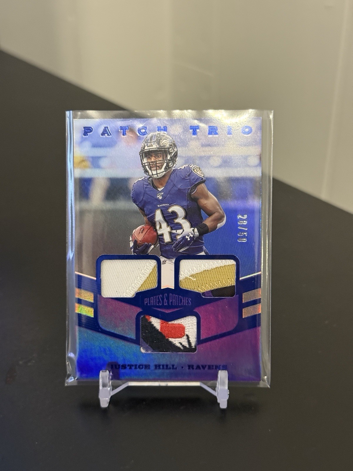 Justice Hill Panini Plates & Patches Rookie Patch Autographs #JHI Blue