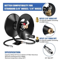 MEKOH Pressure Washer Hose Reel 50ftx3/8” / 65ftx1/4”, 4000PSI Heavy Duty Power